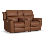 Hudson Leather Power Reclining Console Loveseat Caramel