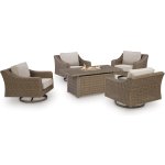 Outdoor Fire Pit with 4 Swivel Chairs Beige Tan